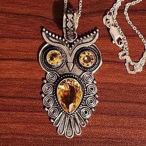 Citrine Gemstone Owl Pendant Necklace